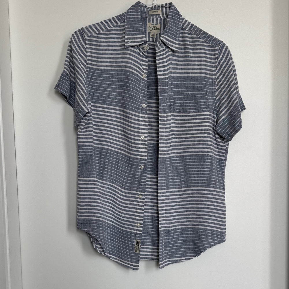 J.Crew Blue and White Striped Short Sleeve Linen Button Down Shirt Size XS